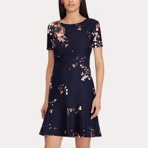 Lauren by Ralph Lauren Navy Blue Floral Fit and Flare Crepe Dress, EUC, Size 8